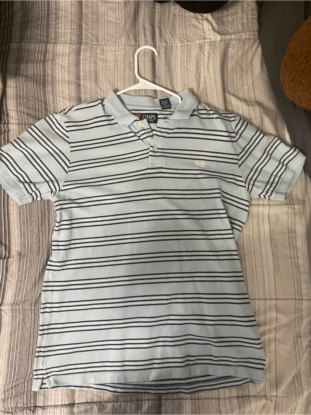 Chaps Pale Blue Polo with Navy Stripes